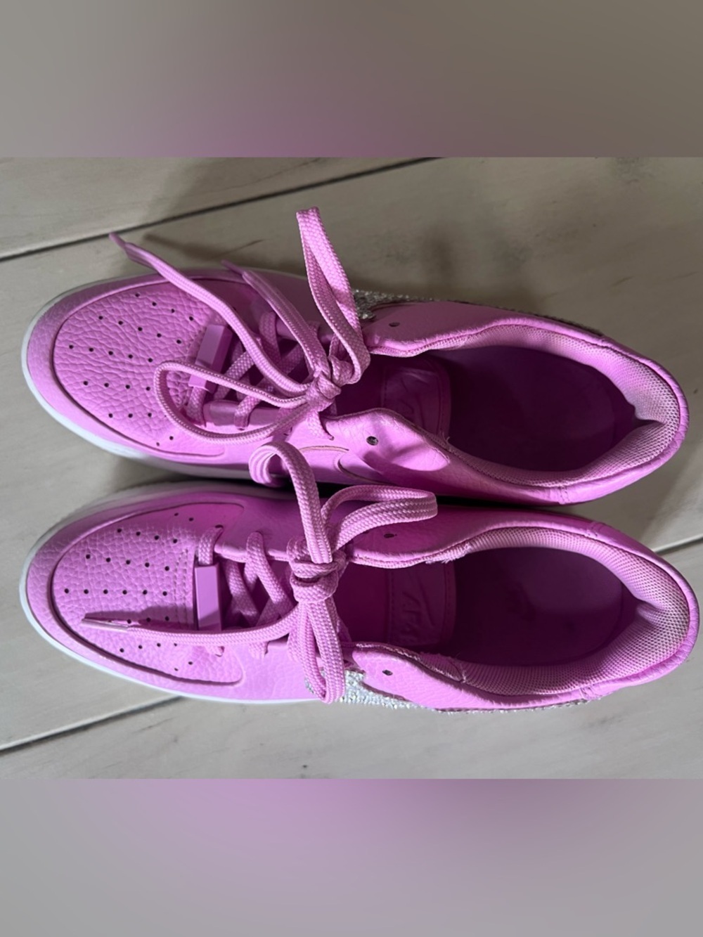 Custom Crystal Swoosh Nike Pink Leather Air Force 1 - Picture 3 of 8